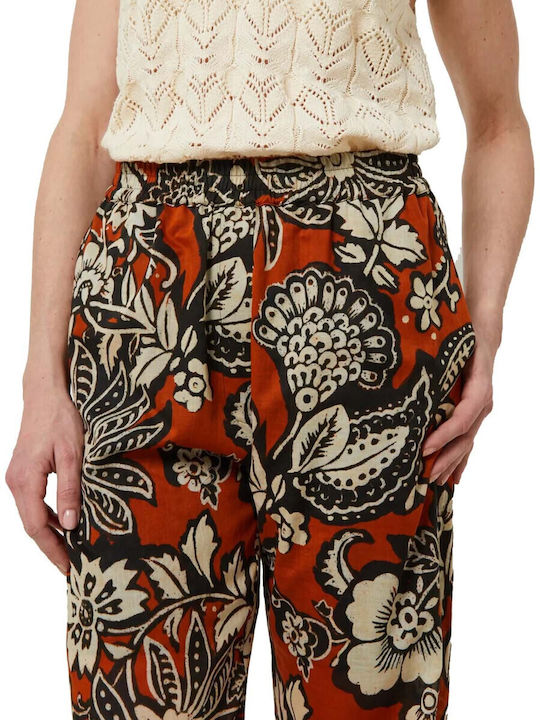 Damen Stoff Hose mit Gummizug Blumen Orange