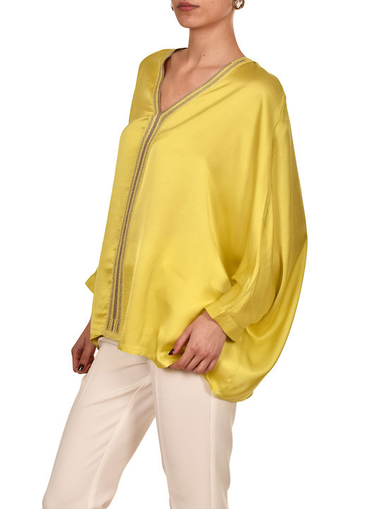 Aggel Women's Blouse Satin with V Neckline Lime