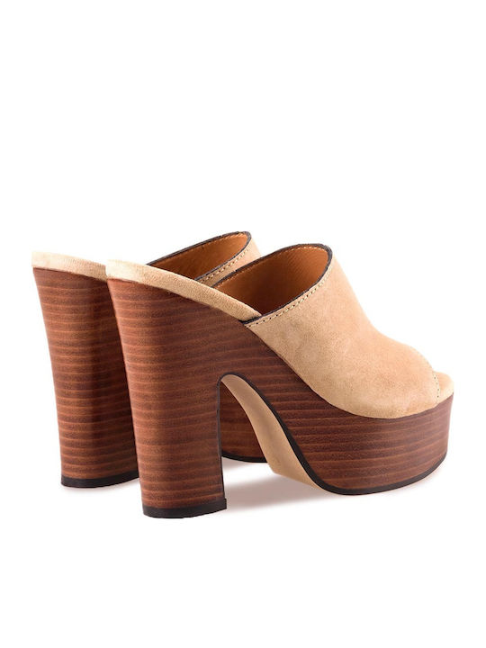 Wildleder Mules mit Chunky Absatz in Beige Farbe