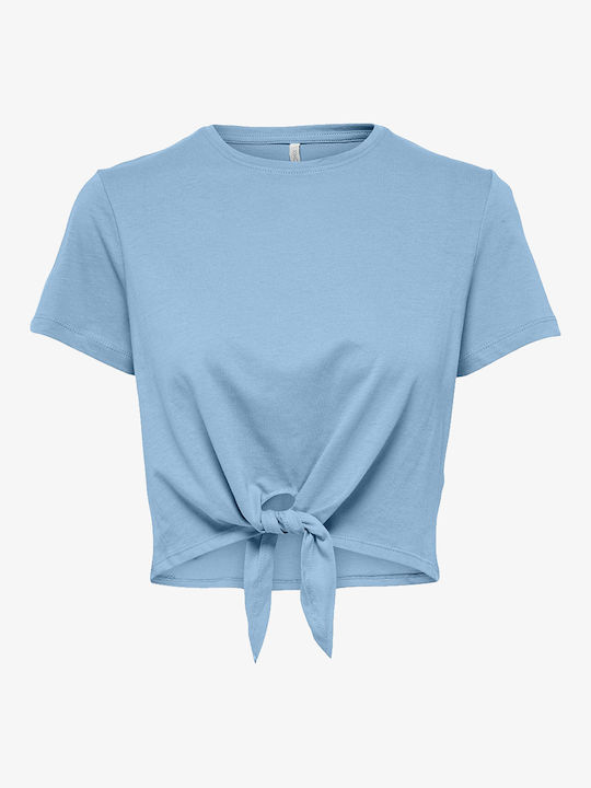 Only Damen Bluse Baumwolle Kurzärmelig Gestreift Skyblue