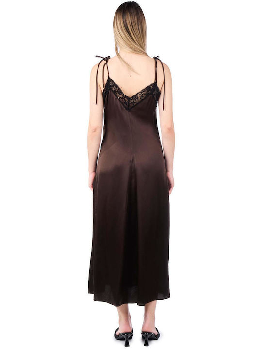 Beatrice Maxi Evening Dress Satin with Slit Brown