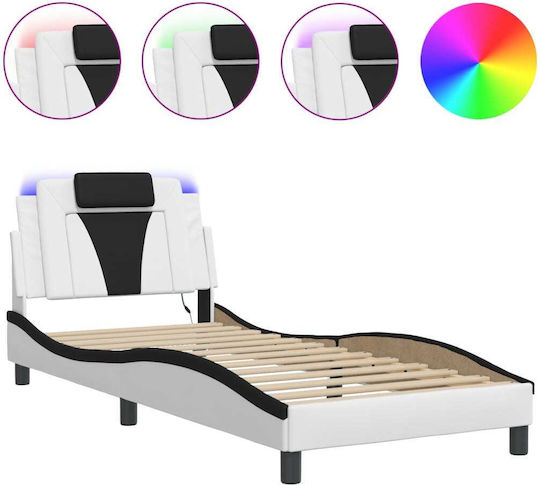 Single Bed Upholstered with White Faux Leather with Slats for 90x190cm Mattress