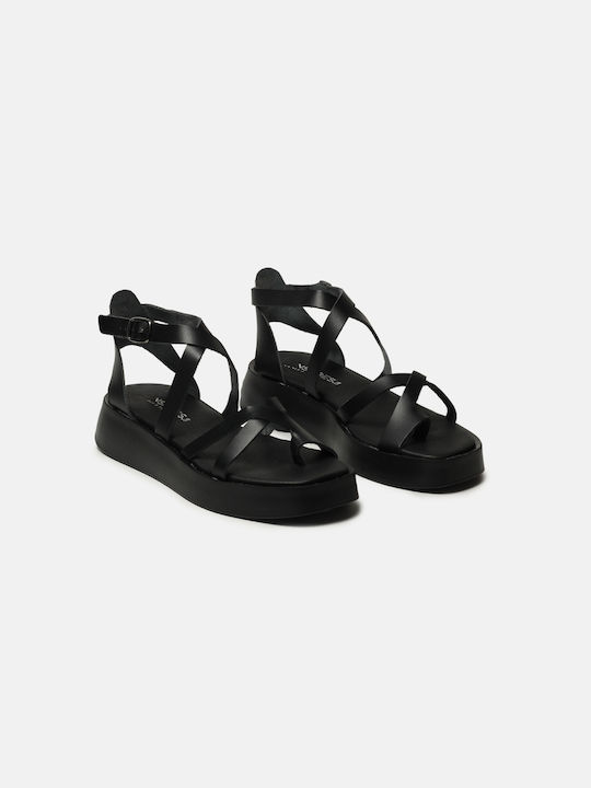 InShoes Leather Women's Flat Sandals Flatforms in Black Color