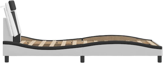 Single Bed Upholstered with White Faux Leather with Slats for 90x190cm Mattress