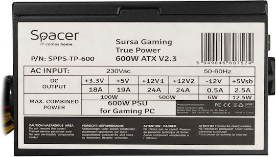 Spacer SPPS-TP-600 600W Black Computer Power Supply Full Wired 80 Plus Standard