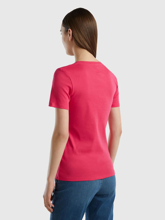 Benetton Damen T-shirt mit V-Ausschnitt Fuchsie