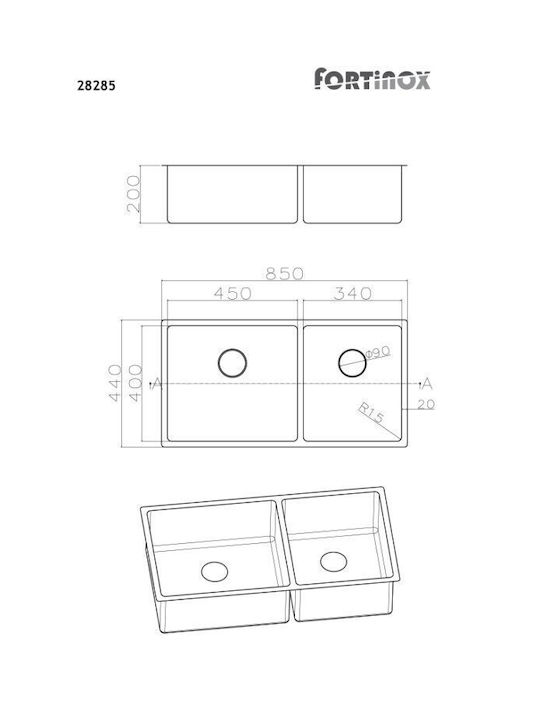 Apell Undermount Sink Inox Satin W85xD44cm Silver