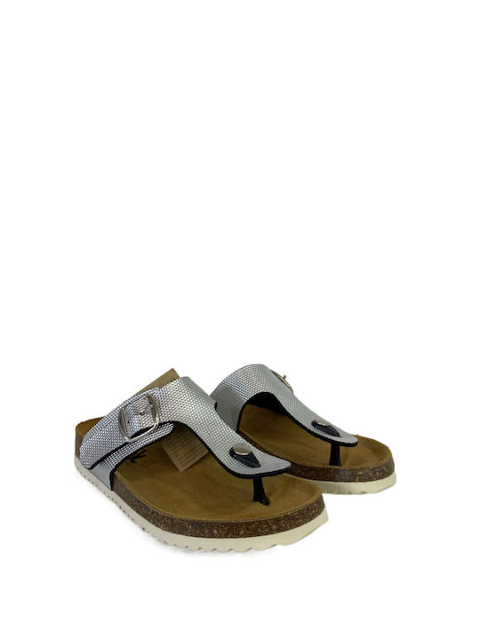 SPK Shoes Leather Women's Flat Sandals Anatomic in Silver Color