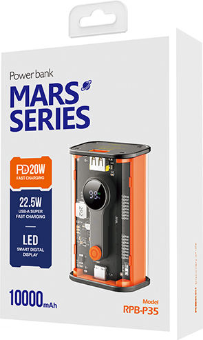 Recci RBP-P35 Mars Series Power Bank 10000mAh 22.5W with USB-A Port and USB-C Port Power Delivery Black