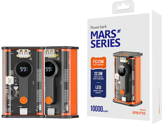 Recci RBP-P35 Mars Series Power Bank 10000mAh 22.5W with USB-A Port and USB-C Port Power Delivery Black