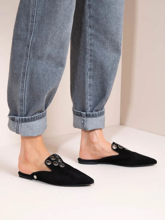 Flat Δερμάτινα Mules σε Μαύρο Χρώμα