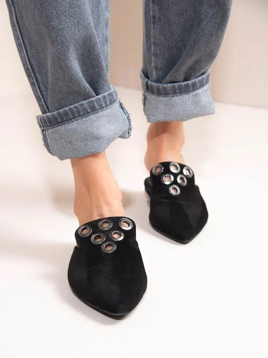 Flat Δερμάτινα Mules σε Μαύρο Χρώμα
