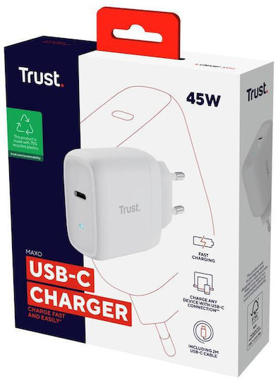 Trust Φορτιστής με Θύρα USB-C και Καλώδιο USB-C - USB-C 45W Power Delivery Λευκός (Maxo)