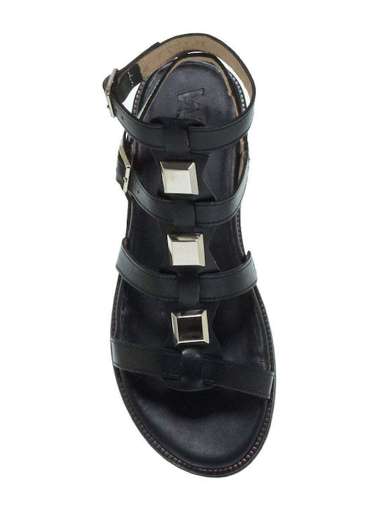 Wonders Leather Women's Flat Sandals in Black Color