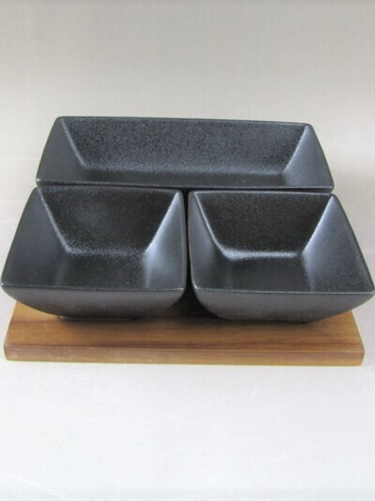 Cryspo Trio Porcelain Dessert Divided Serving Tray with 3 Slots Acacia Black 20.5x20.5cm