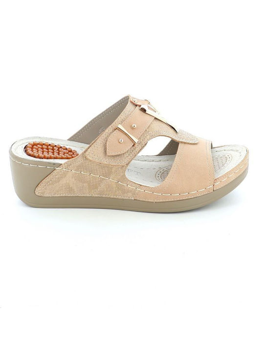 B-Soft Anatomic Women's Leather Platform Wedge Sandals Beige