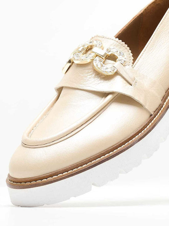 Δερμάτινα Γυναικεία Loafers σε Μπεζ Χρώμα