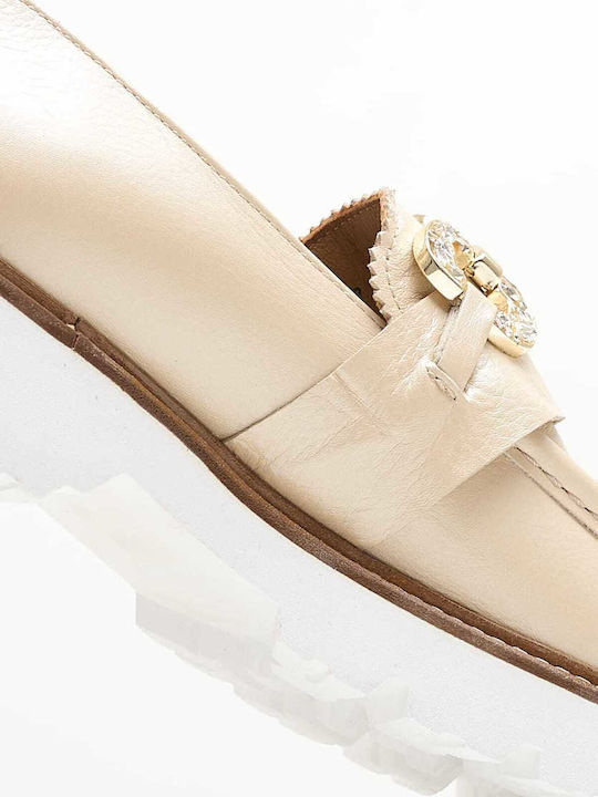 Δερμάτινα Γυναικεία Loafers σε Μπεζ Χρώμα