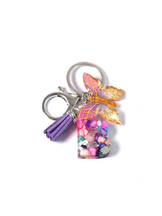 Large Monogram Keychain Liquid Glass Glitter Chips 26×22~40mm & Acrylic Butterfly 34x39mm & Purple Suede Tassel 35x10mm Silver Metal Clasp M