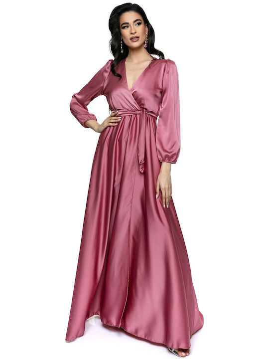 RichgirlBoudoir Maxi Dress Satin Wrap with Ruffle Pink