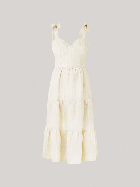 Pepe Jeans Sommer Midi Kleid mit Rüschen Beige