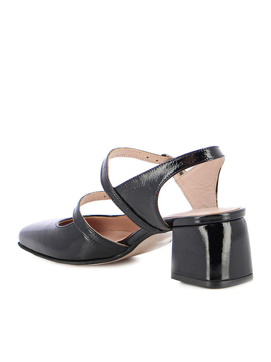 Leather Black Medium Heels with Strap