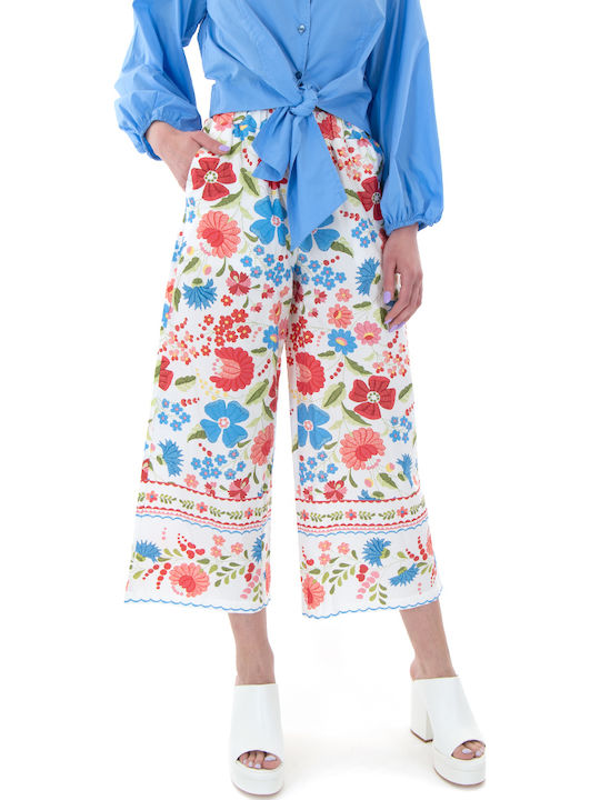 MY T Damen Hoch tailliert Stoff Capri Hose Blumen