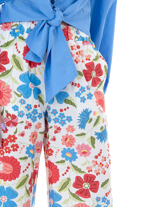 Damen Hochbund Stoff Capri Hose Blumen