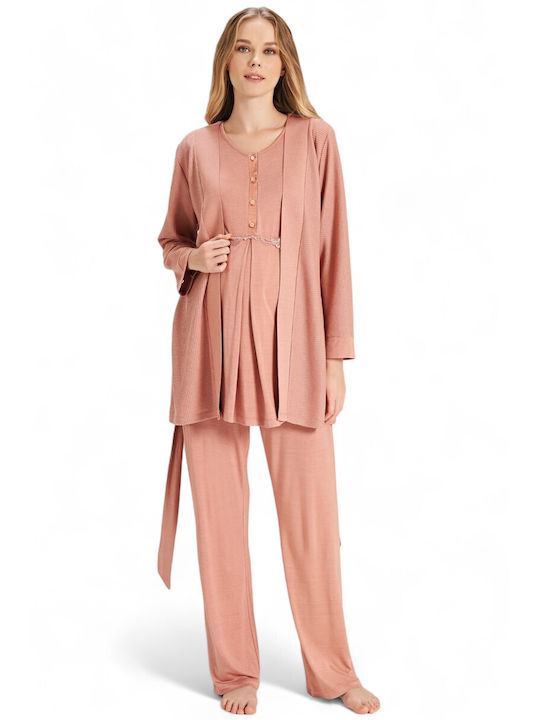 Feyza Long Robe with Pajama Relaxed Fit for Maternity Hospital & Breastfeeding Pink FZA5076