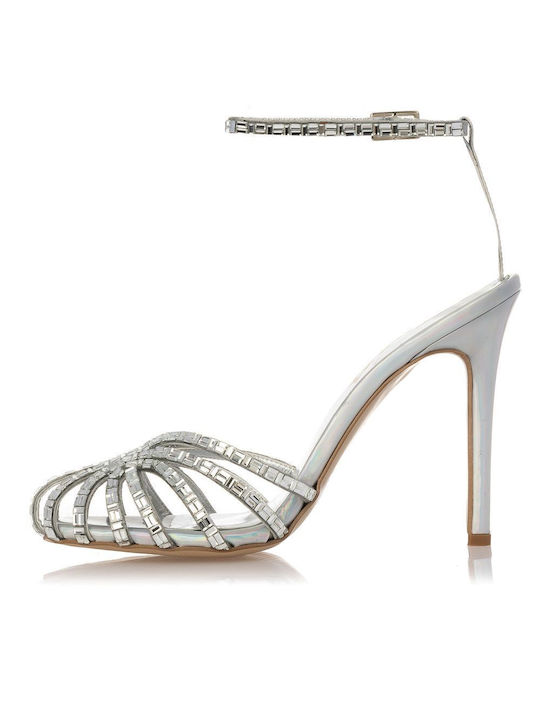 Sante Synthetic Leather Women's Sandals with Strass Silver with High Heel