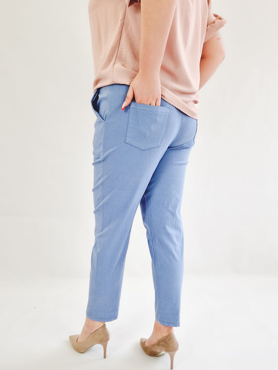 Pantaloni Boyfriend din bumbac cu centură Blue Uni