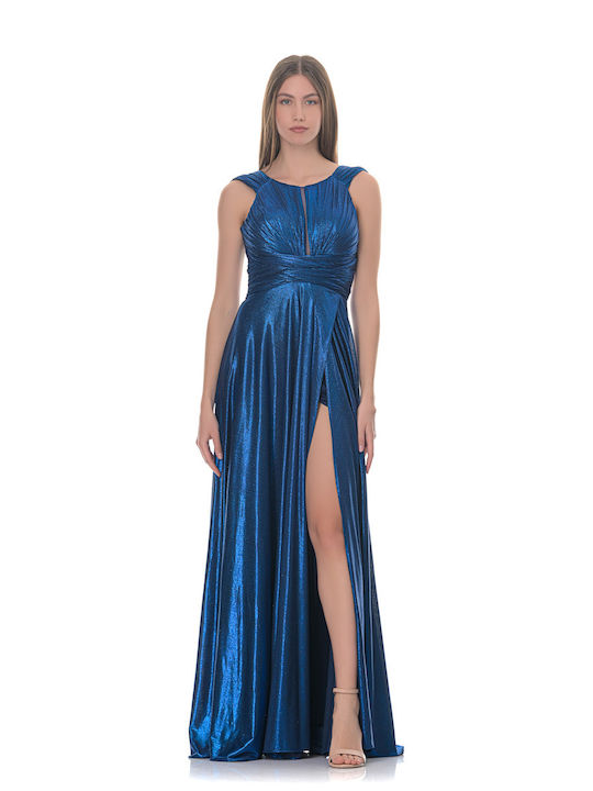 Maxi Blue Metallic Blue Shoulder Pockets Dress