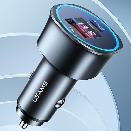 Usams Car Charger Black Fast Charging with Ports: 1xUSB 1xType-C