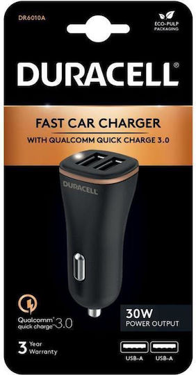 Duracell Car Charger 30W 4.8A Fast Charging with Ports 2xUSB Black Color