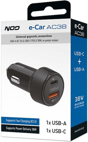 NOD Car Charger Black Fast Charging with a Port USB with Cable Embedded