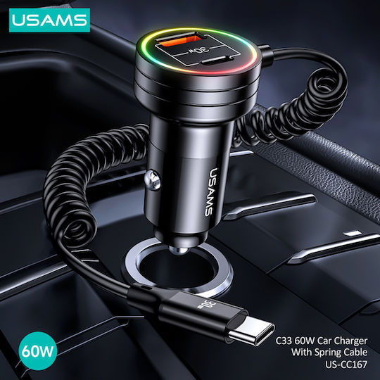 Usams Φορτιστής Αυτοκινήτου 60W με Θύρες: 1xUSB 2xType-C μαζί με Καλώδιο Ενσωματωμένο Μαύρος