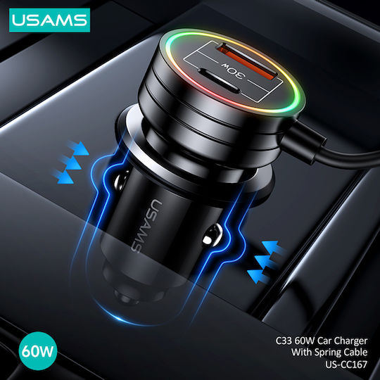 Usams Φορτιστής Αυτοκινήτου 60W με Θύρες: 1xUSB 2xType-C μαζί με Καλώδιο Ενσωματωμένο Μαύρος