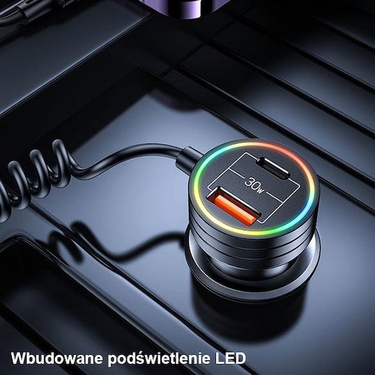 Usams Φορτιστής Αυτοκινήτου 60W με Θύρες: 1xUSB 2xType-C μαζί με Καλώδιο Ενσωματωμένο Μαύρος