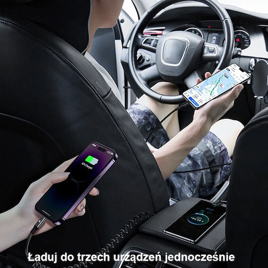 Usams Φορτιστής Αυτοκινήτου 60W με Θύρες: 1xUSB 2xType-C μαζί με Καλώδιο Ενσωματωμένο Μαύρος