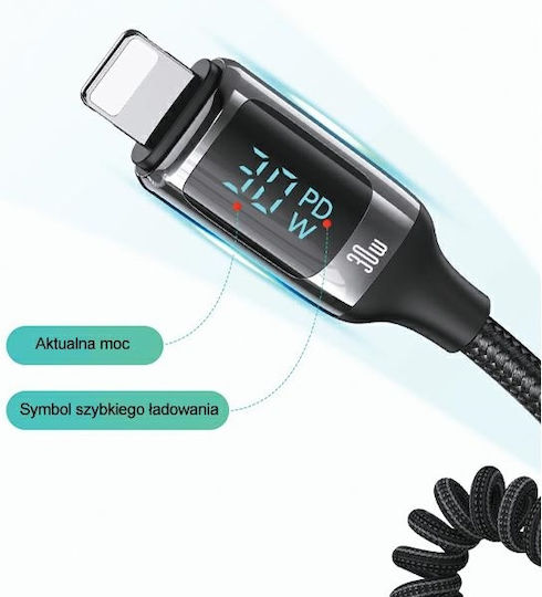 Usams Car Charger 30W Fast Charging with Ports: 1xUSB 1xType-C with Cable Lightning / Embedded Black Color