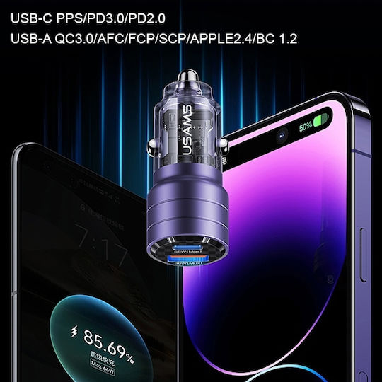 Usams C36 Car Charger 95W Fast Charging with Ports 1xUSB-A 1xType-C Purple Color