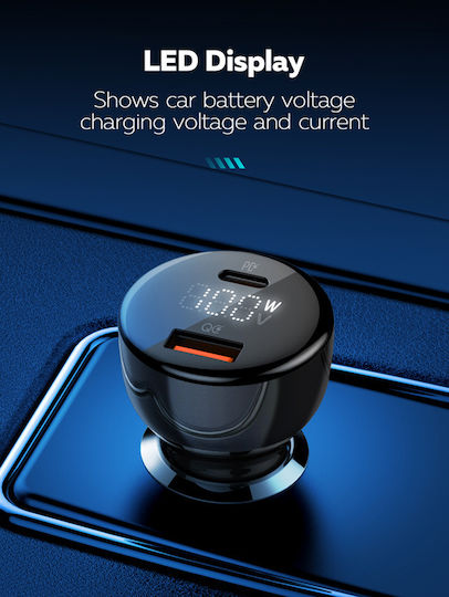 Ldnio C101 Car Charger 100W 3A Fast Charging with Ports: 1xUSB 1xType-C with Cable Type-C Black Color