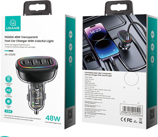 Usams Auto-Ladegerät 48W mit Anschlüssen: 3xUSB 1xType-C Schwarz Farbe