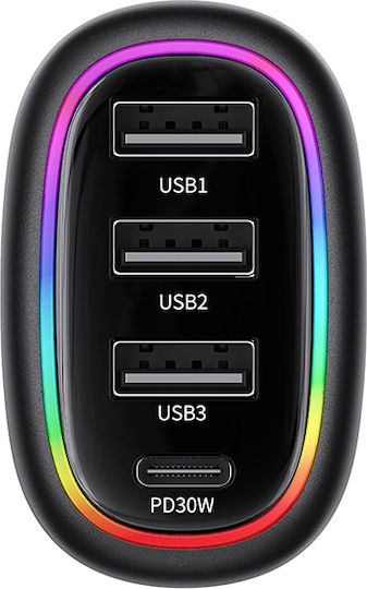 Usams Auto-Ladegerät 48W mit Anschlüssen: 3xUSB 1xType-C Schwarz Farbe