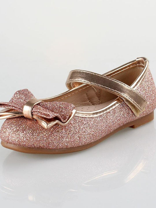 Kids Leather Ballerinas with Hoop & Loop Closure Gold