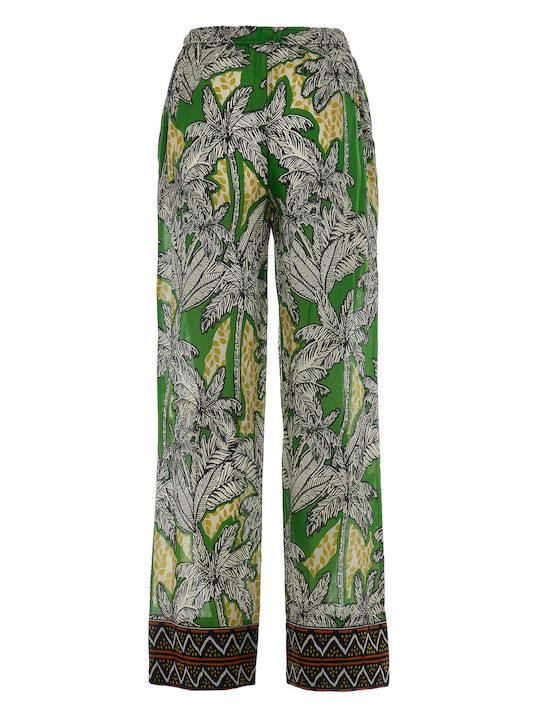 Devotion Women's Cotton Trousers with Elastic Multi Green