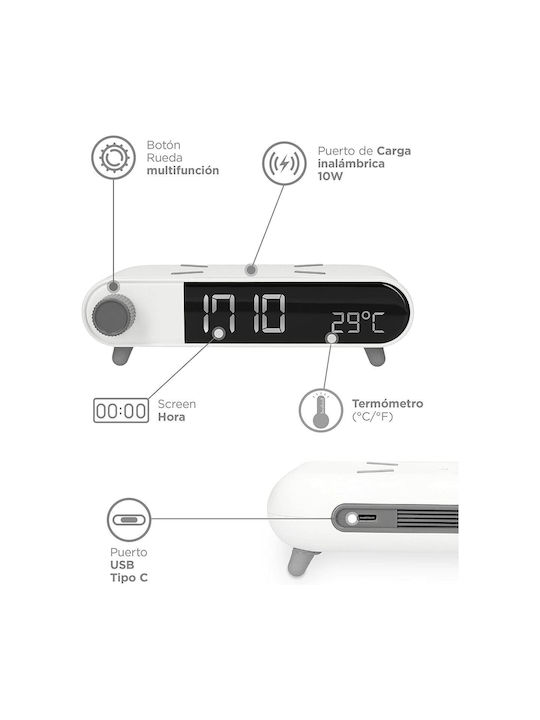Ksix Retro Tabletop Digital Clock with Alarm & Wireless Charging White BXCQI15B