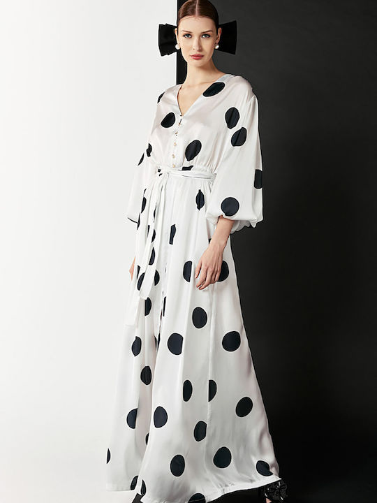 White Polka Dot Long Satin Dress with Belt