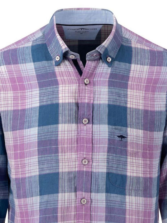 Fynch Hatton Men's Shirt Short Sleeve Linen Checked Dusty Lavender