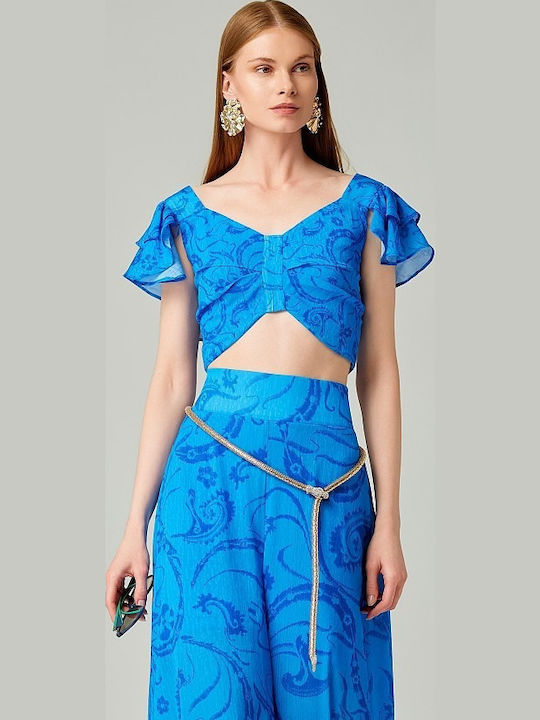 Printed Crop Blouse Lynne Ruffle Royal